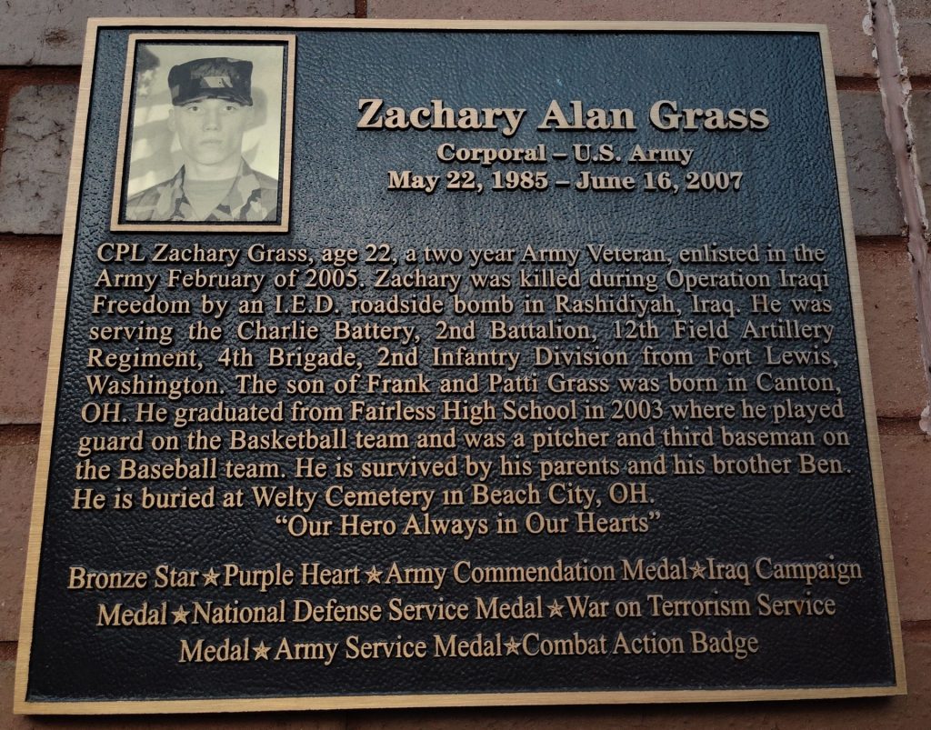ZACHARY ALAN GRASS WAR MEMORIAL PLAQUE