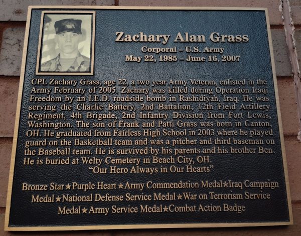 ZACHARY ALAN GRASS WAR MEMORIAL PLAQUE