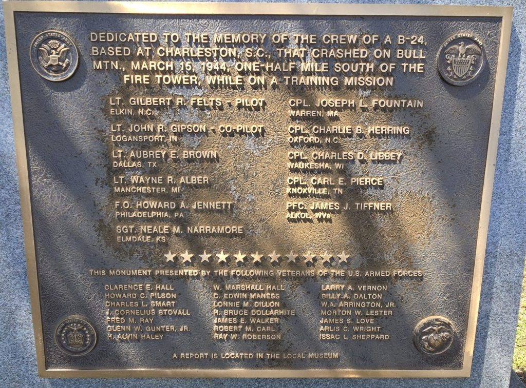 BULL MOUNTAIN B-24 CRASH MEMORIAL PLAQUE