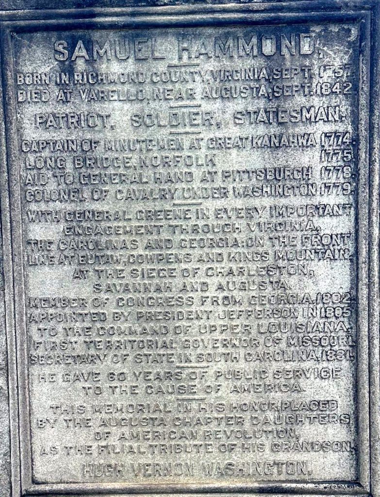 COL SAMUEL HAMMOND REVOLUTIONARY WAR MEMORIAL PLAQUE