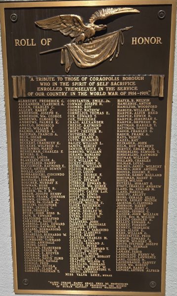 CORAOPOLIS BOROUGH WORLD WAR ROLL OF HONOR MEMORIAL PLAQUE A
