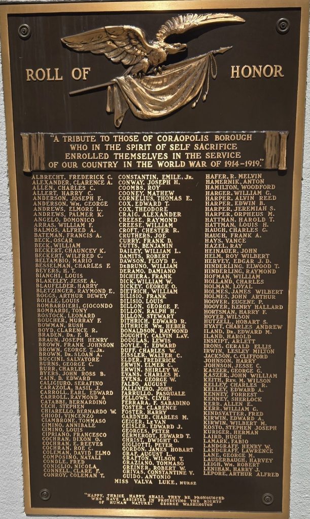 CORAOPOLIS BOROUGH WORLD WAR ROLL OF HONOR MEMORIAL PLAQUE A