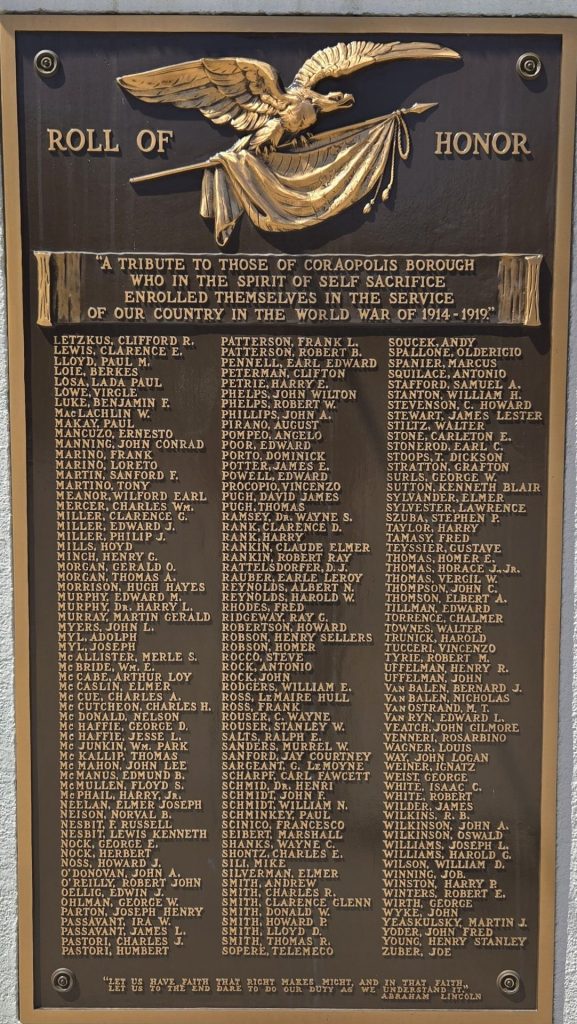 CORAOPOLIS BOROUG WORLD WAR ROLL OF HONOR MEMORIAL PLAQUE B