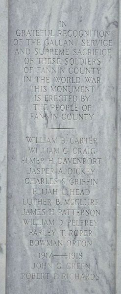 FANNIN COUNTY SUPREME SACRIFICE WAR MEMORIAL SIDE A