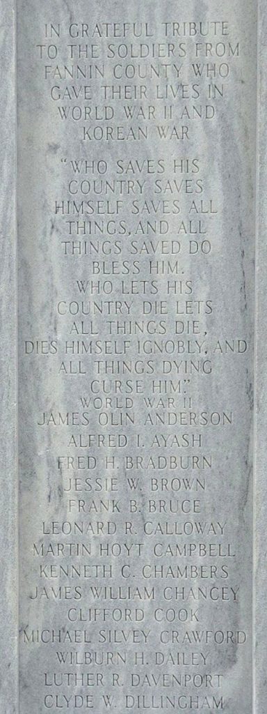 FANNIN COUNTY SUPREME SACRIFICE WAR MEMORIAL SIDE B