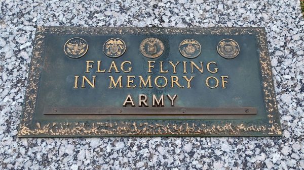 FLAG FLYING IN MEMORY OF ARMY MEMORIAL PLAQUE