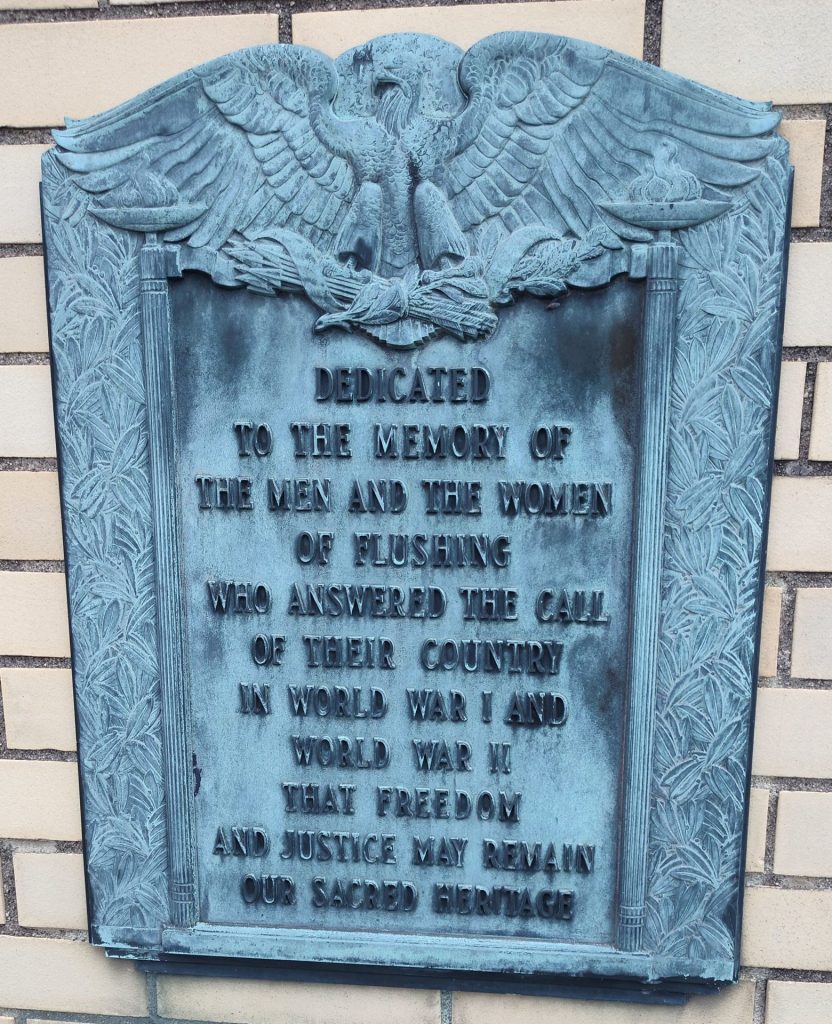 FLUSHING WORLD WAR I AND WORLD WAR II MEMORIAL PLAQUE