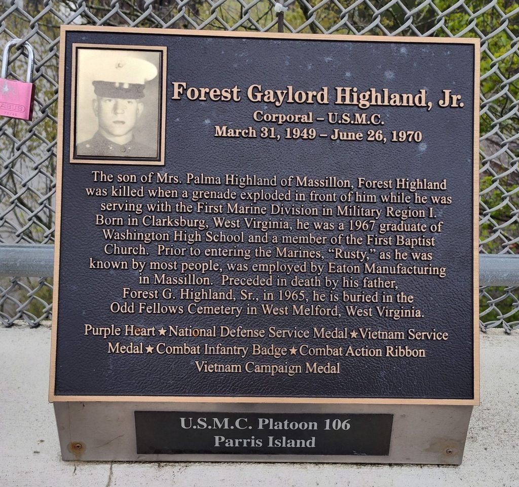 FOREST GAYLORD HIGHLAND, JR. WAR MEMORIAL PLAQUE