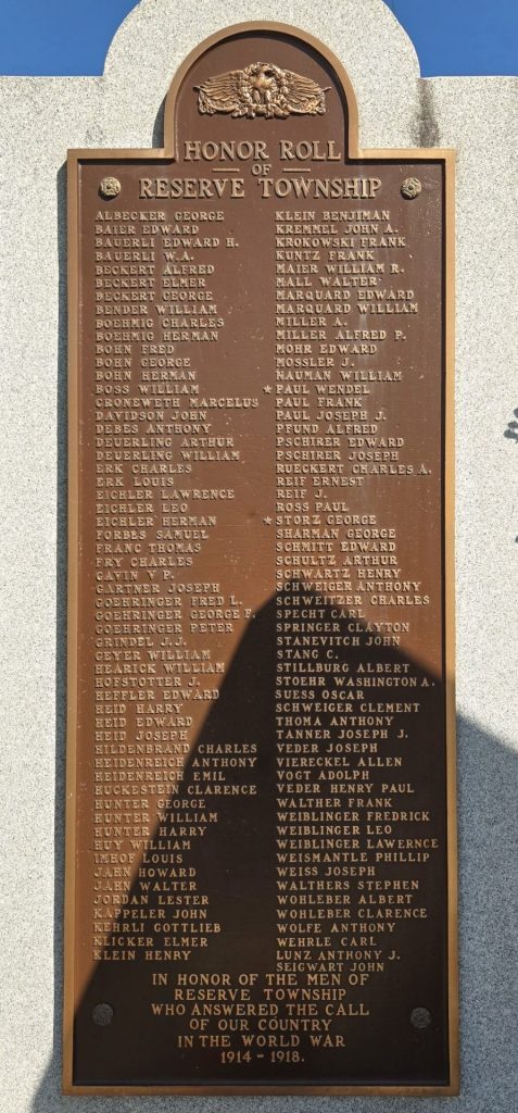 HONOR ROLL OF RESERVE TOWNSHIP WAR MEMORIAL