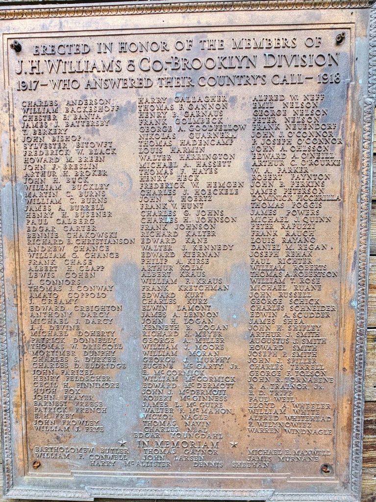 J.H. WILLIAMS & CO-BROOKLYN DNISION WORLD WAR MEMORIAL PLAQUE