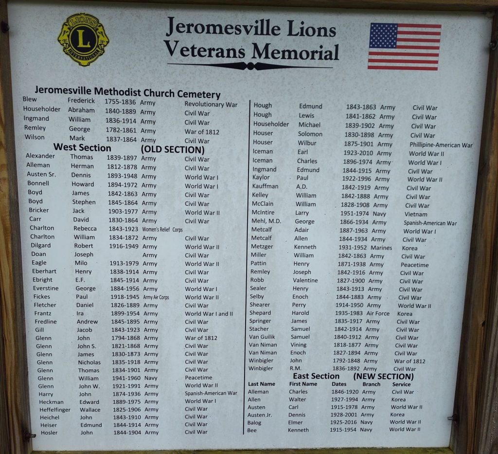 JEROMESVILLE LIONS VETERANS MEMORIAL PLAQUE A