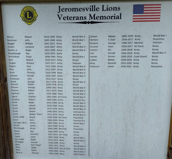 JEROMESVILLE LIONS VETERANS MEMORIAL PLAQUE B