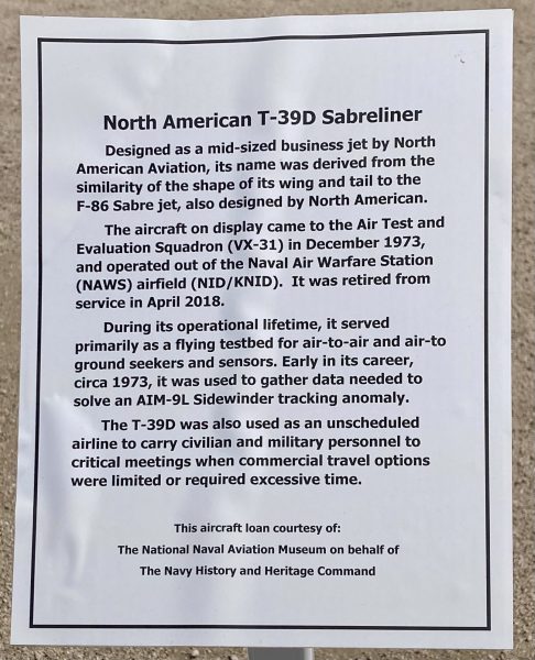 NORTH AMERICAN T-39D SABRELINER AIRCRAFT MEMORIAL PLAQUE