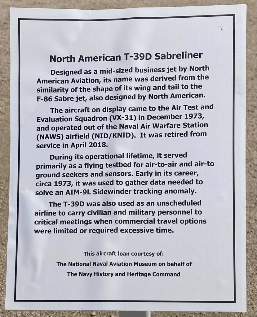 NORTH AMERICAN T-39D SABRELINER AIRCRAFT MEMORIAL PLAQUE