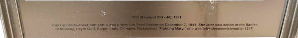 USS MARYLAND (BB-46) 1921 WAR MEMORIAL PLAQUE