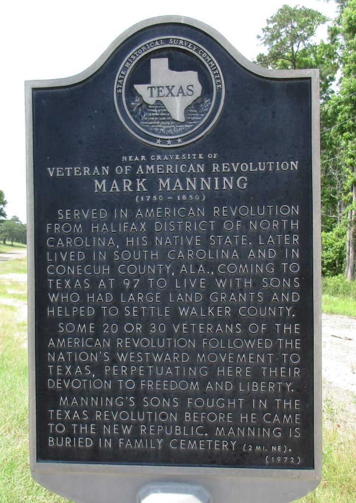 VETERAN OF AMERICAN REVOLUTION MARK MANNING MEMORIAL MARKER