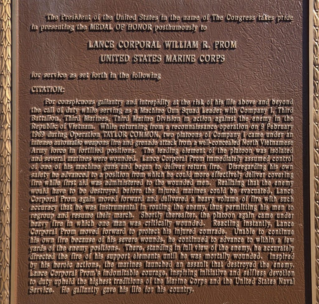 WILLIAM R. PROM MEDAL OF HONOR WAR MEMORIAL PLAQUE B