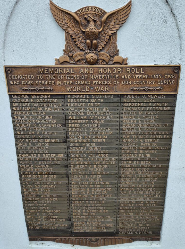 CITIZENS OF HAYESVILLE AND VERMILLION TWP WORLD WAR II MEMORIAL PLAQUE