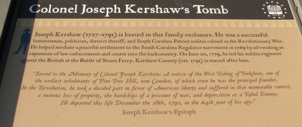 COLONEL JOSEPH KERSHAW’S TOMB REVOLUTIONARY WAR MEMORIAL PANEL