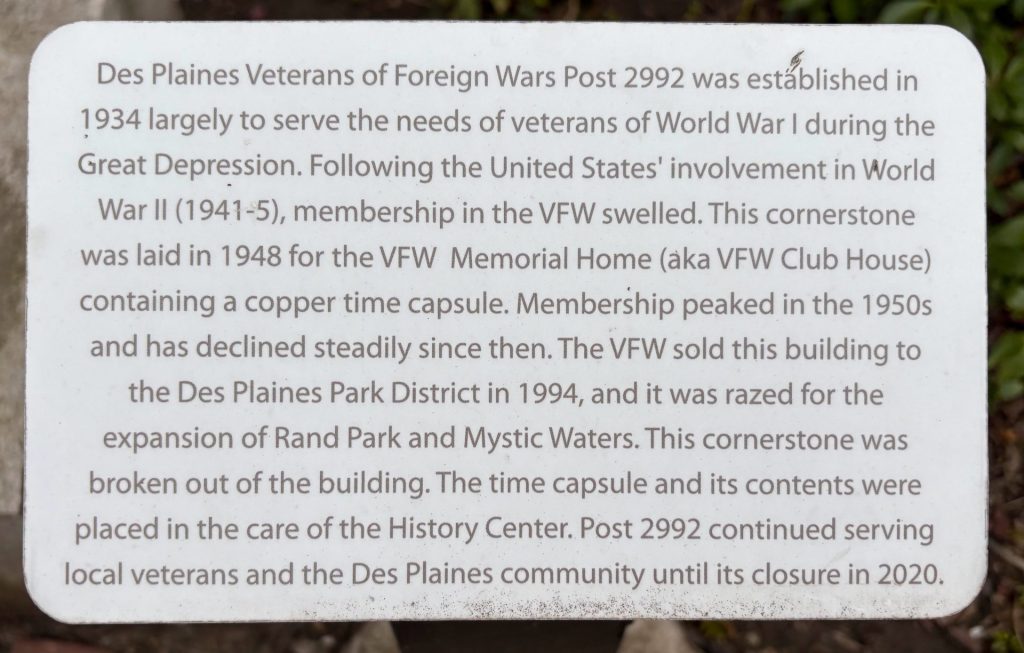 DES PLAINES VETERANS OF FOREIGN WARS POST 2992 MEMORIAL PLAQUE