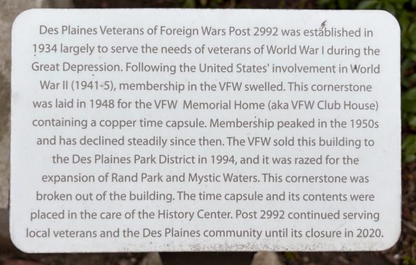 DES PLAINES VETERANS OF FOREIGN WARS POST 2992 MEMORIAL PLAQUE