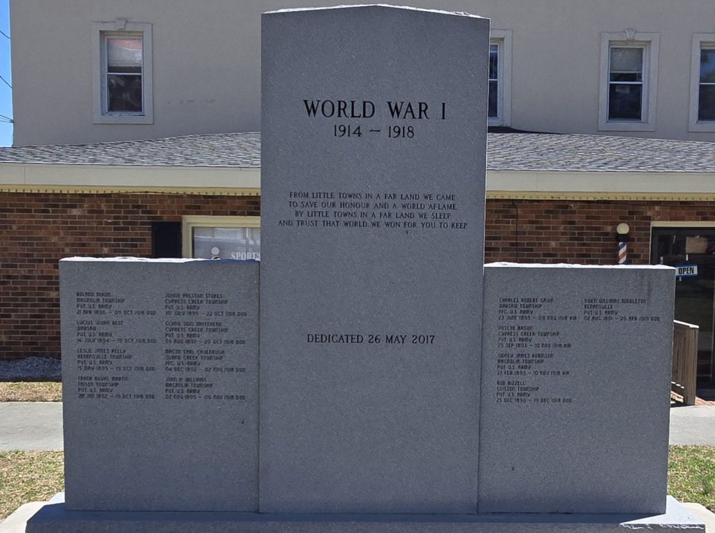 DUPLIN COUNTY WORLD WAR I MEMORIAL BACK