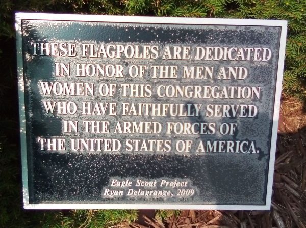FIRST CHURCH OF CHRIST VETERANS MEMORIAL FLAGPOLES PLAQUE