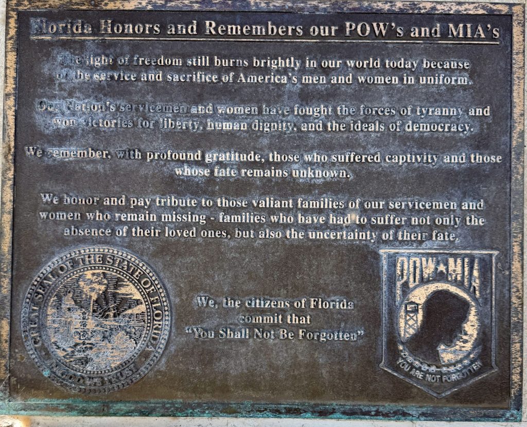 FLORIDA HONORS AND REMEMBERS OUR POW’S AND MIA’S MEMORIAL PLAQUE FORT LAUDERDALE