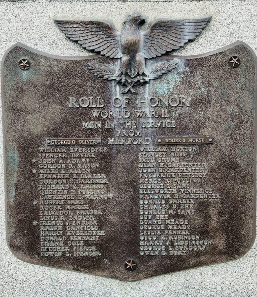HARFORD WORLD WAR II ROLL OF HONOR MEMORIAL PLAQUE