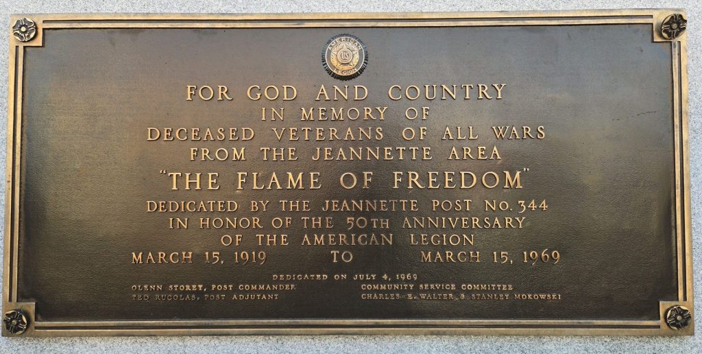 JEANNETTE AREA “FLAME OF FREEDOM” WAR MEMORIAL PLAQUE
