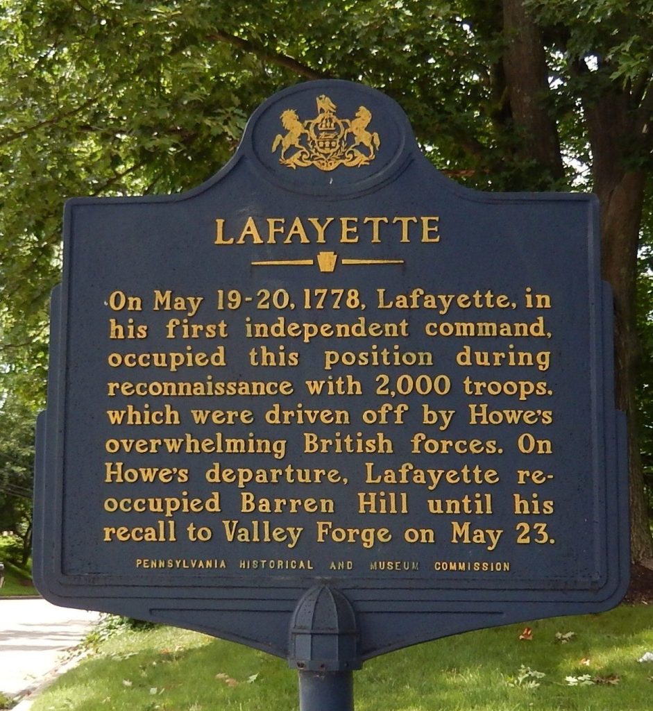LAFAYETTE MAY 19-20, 1778 REVOLUTIONARY WAR MEMORIAL MARKER