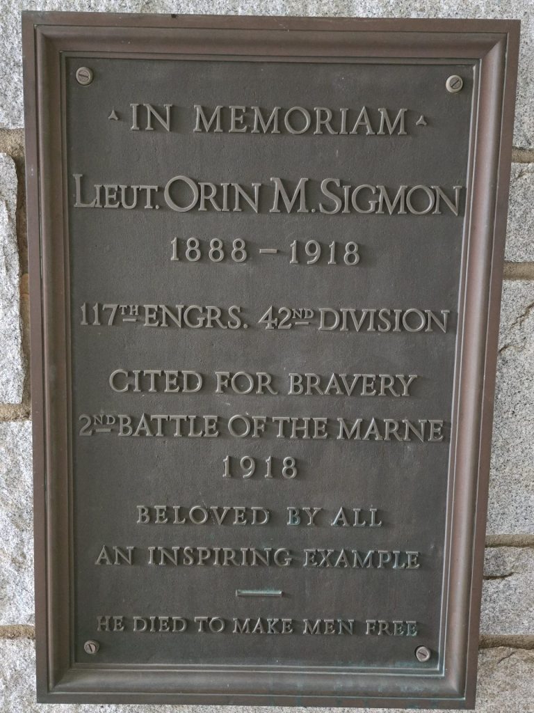 LIEUT. ORIN M. SIGMON WAR MEMORIAL PLAQUE
