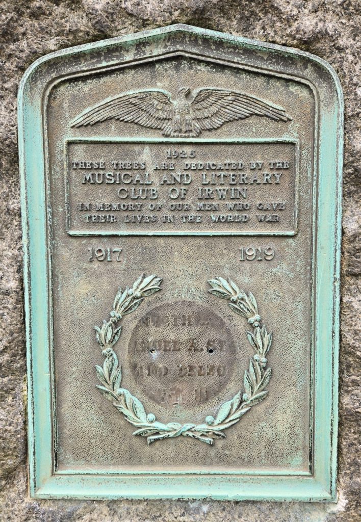 MUSICAL AND LITERARY CLUB OF IRWIN WORL.D WAR MEMORIAL TREE GROVE PLAQUE