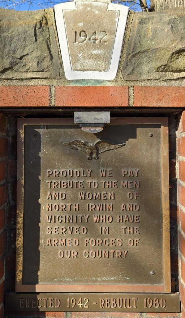 NORTH IRWIN AND VICINITY ARMED FORCES WAR MEMORIAL PLAQUE