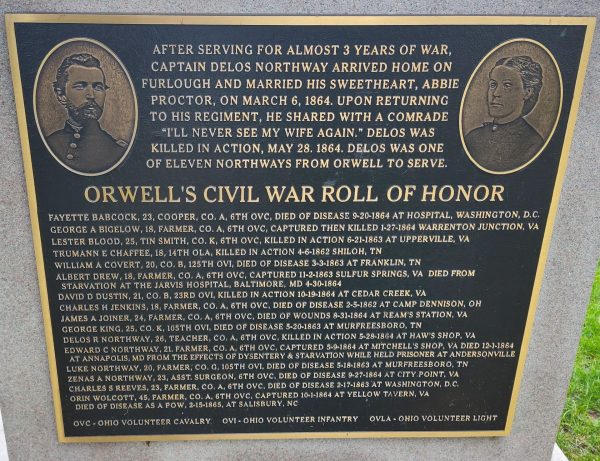 ORWELL’S CIVIL WAR ROLL OF HONOR MEMORIAL PLAQUE A