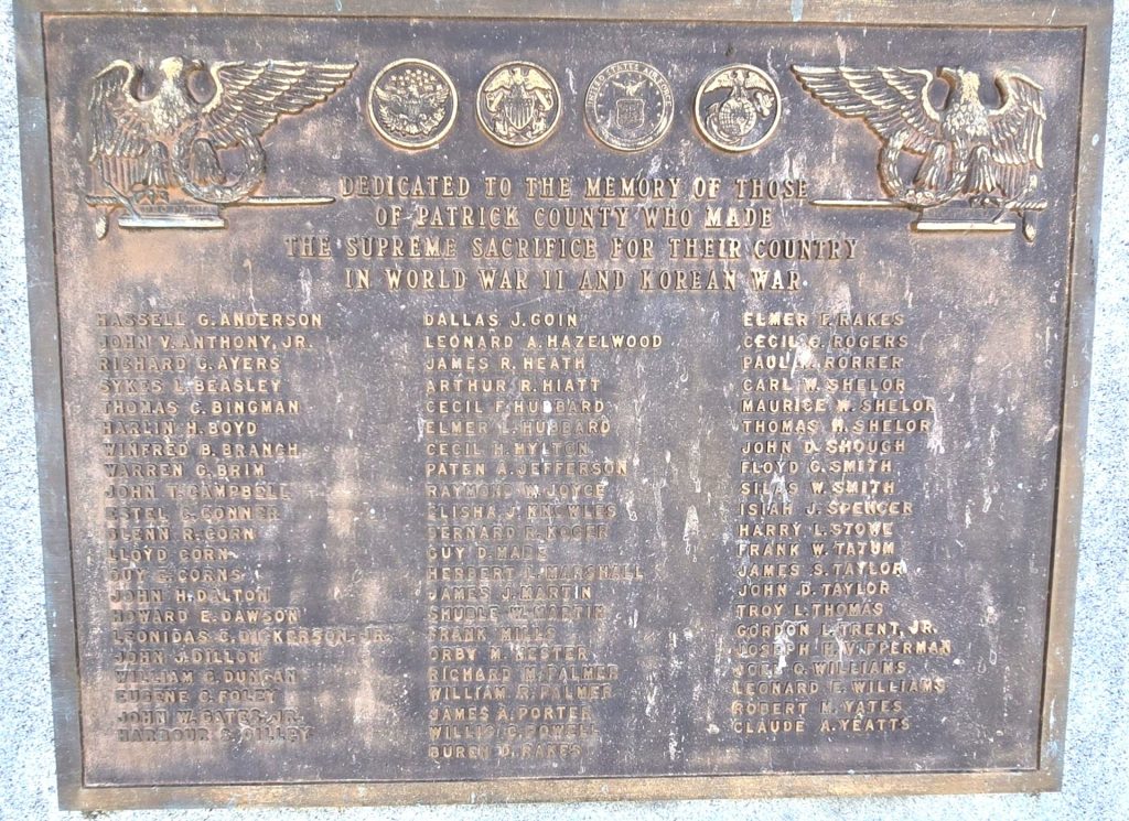 PATRICK COUNTY WORLD WAR II AND KOREAN WAR MEMORIAL PLAQUE