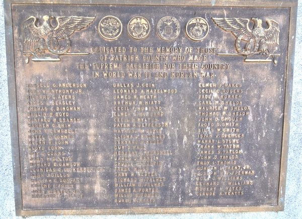 PATRICK COUNTY WORLD WAR II AND KOREAN WAR MEMORIAL PLAQUE