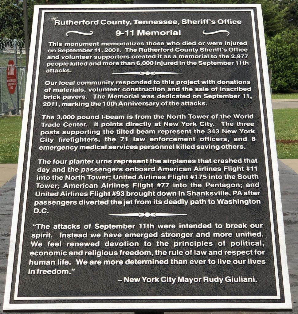 RUTHERFORD COUNTY, TENNESSEE, SHERIFF’S OFFICE 9-11 MEMORIAL PLAQUE