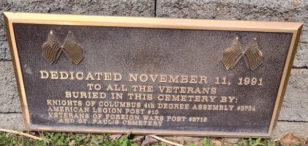 SAINT PAUL CATHOLIC CEMETERY VETERANS MEMORIAL PLAQUE