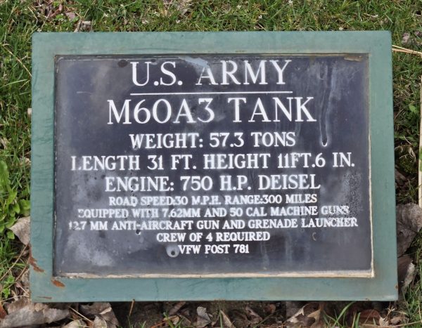 VFW POST 781 U.S. ARMY M60A3 TANK MEMORIAL PLAQUE