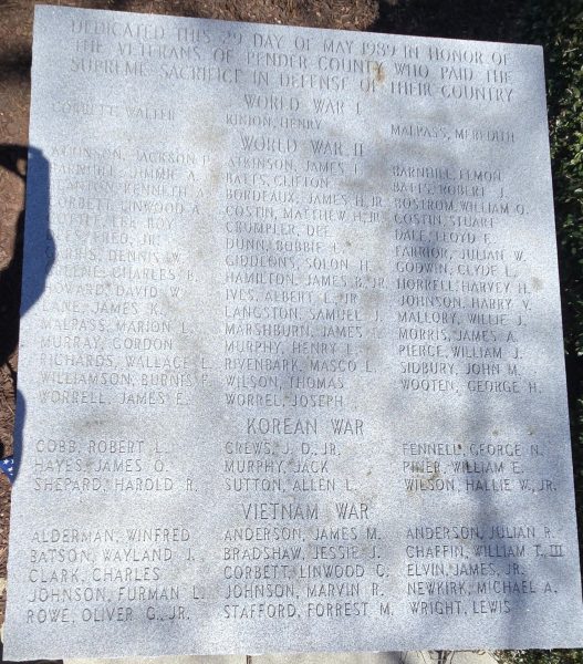 VETERANS OF PENDER COUNTY SUPREME SACRIFICE WAR MEMORIAL