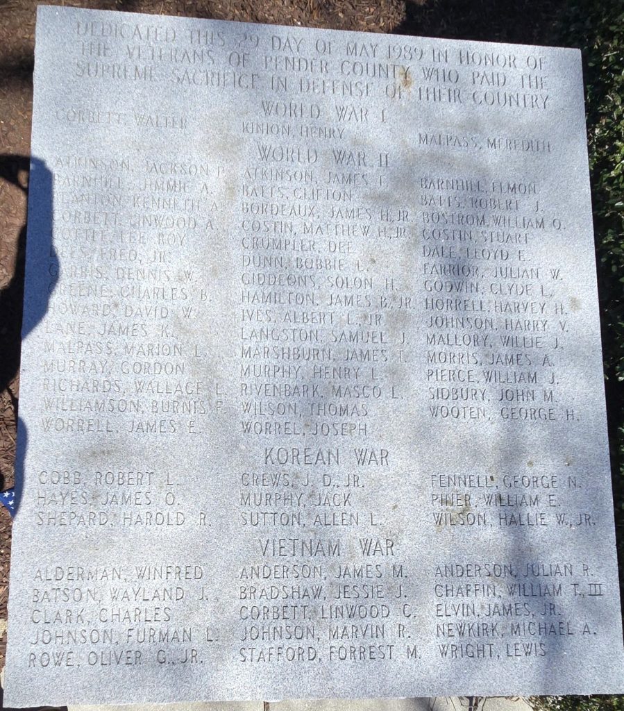 VETERANS OF PENDER COUNTY SUPREME SACRIFICE WAR MEMORIAL