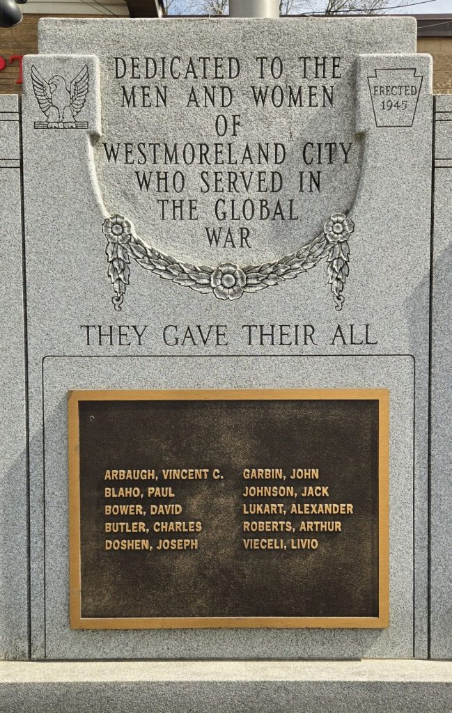 WESTMORELAND CITY WAR VETERANS MEMORIAL PLAQUE A