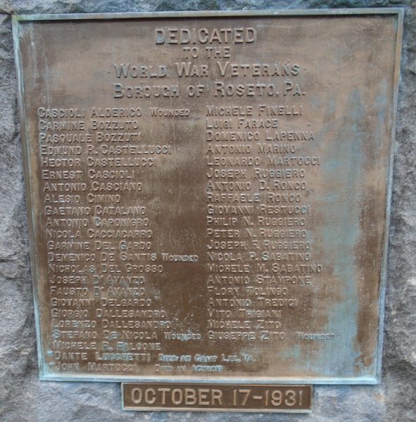 BOROUGH OF ROSETO, PA. WORLD WAR VETERANS MEMORIAL PLAQUE