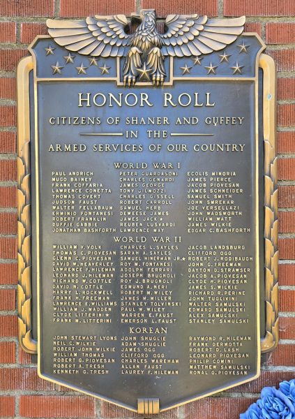 CITIZENS OF SHANER AND GUFFEY ARMED SERVICES HONOR ROLL MEMORIAL PLAQUE