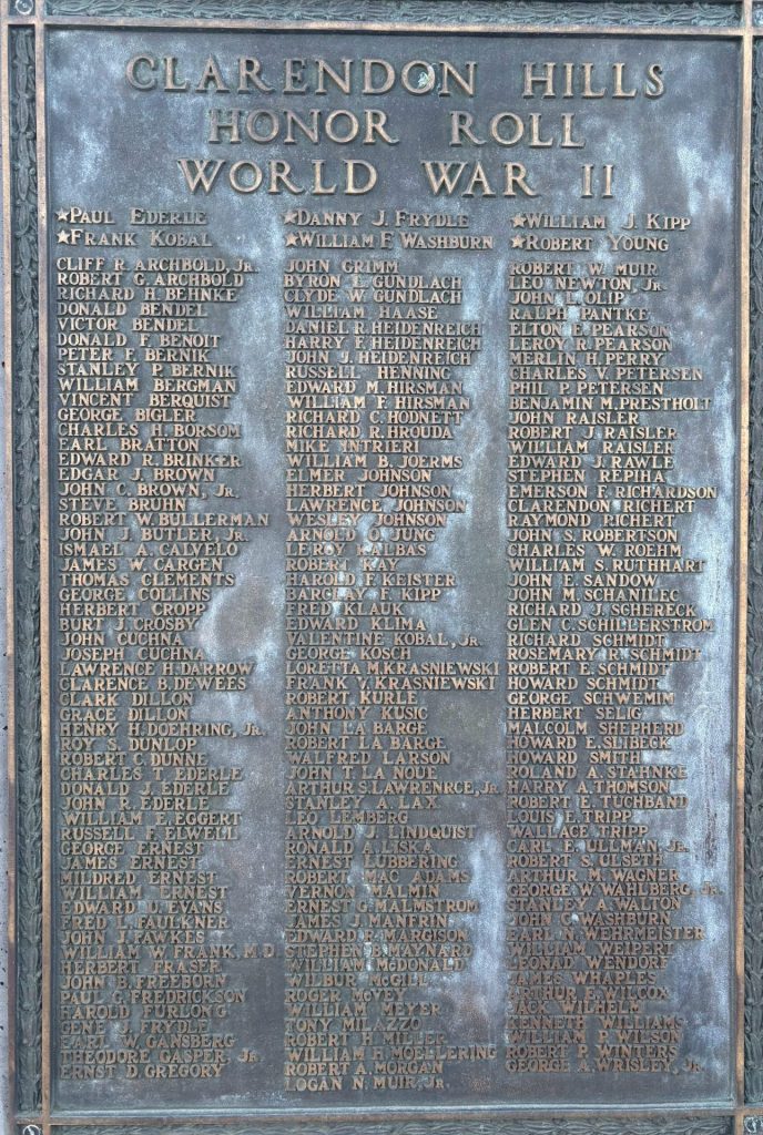 CLARENDON HILLS HONOR ROLL WORLD WAR II MEMORIAL PLAQUE