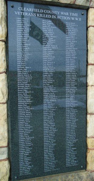 CLEARFIELD COUNTY WAR TIME VETERANS KILLED IN ACTION W.W.II PLAQUE A