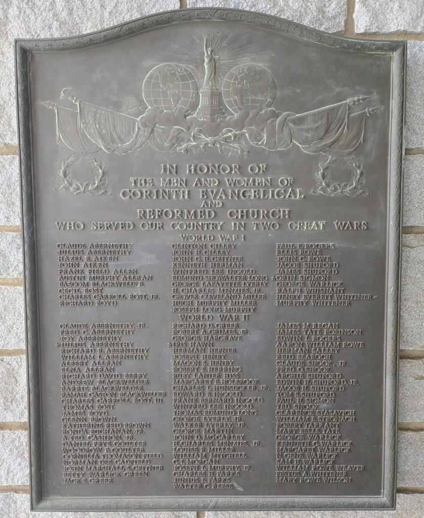 CORINTH EVANGELICAL AND REFORMED CHURCH TWO GREAT WARS MEMORIAL PLAQUE