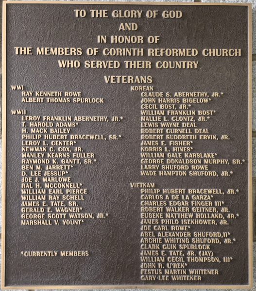 CORINTH REFORMED CHURCH VETERANS MEMORIAL PLAQUE