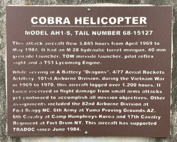 FORT EUSTIS COBRA HELICOPTER WAR MEMORIAL PLAQUE